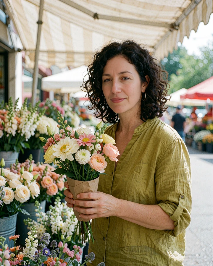Curly-haired woman in an olive blouse holding a bouquet at a flower market, sample online dating profile photo