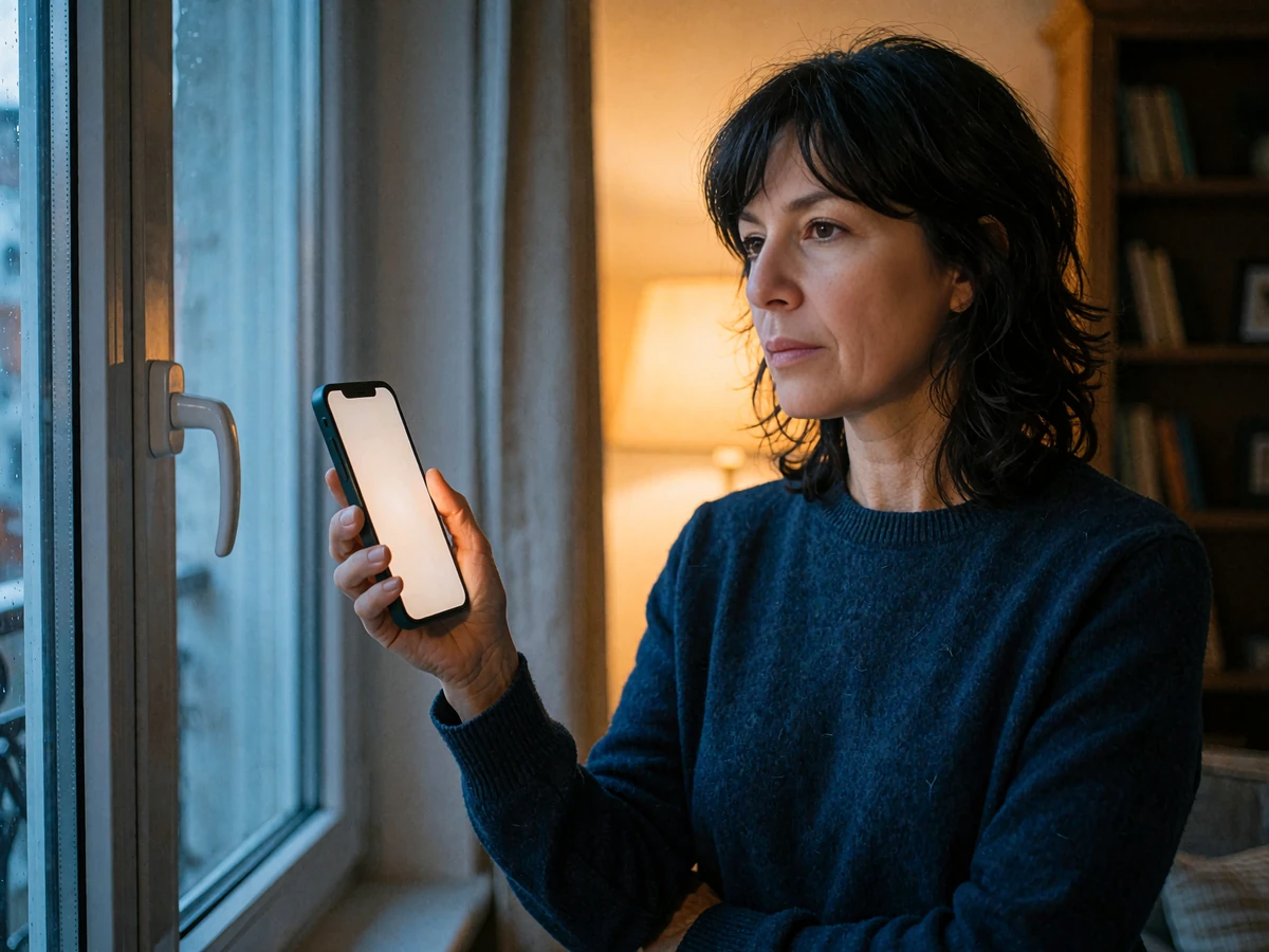 Woman in a navy sweater studying her phone beside a night window, checking a dating profile for fake photo warning signs