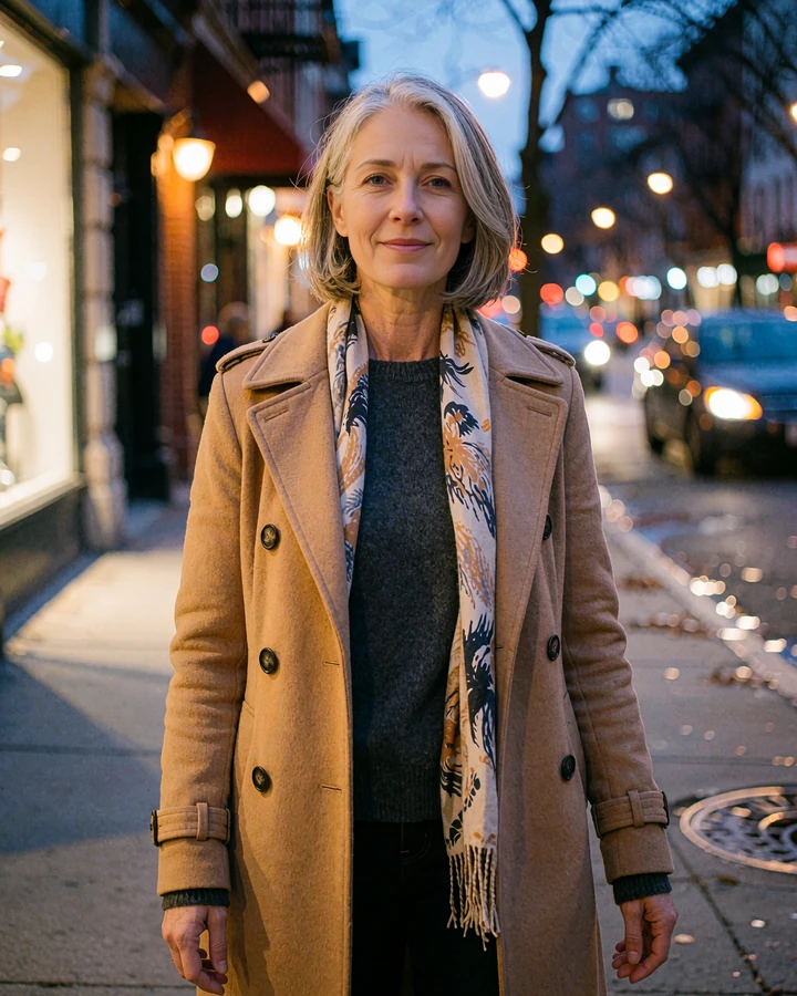 Woman with a silver-streaked bob in a camel trench coat on a city street at dusk, sample profile for singles over 50