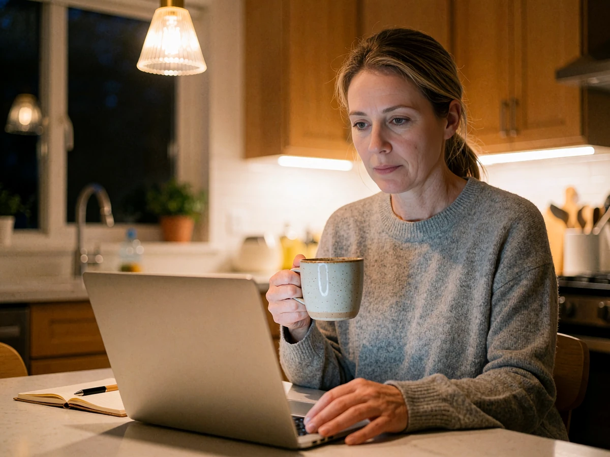 Woman in a heather-gray sweater holding tea and reading at a kitchen table at night, weighing dating site costs