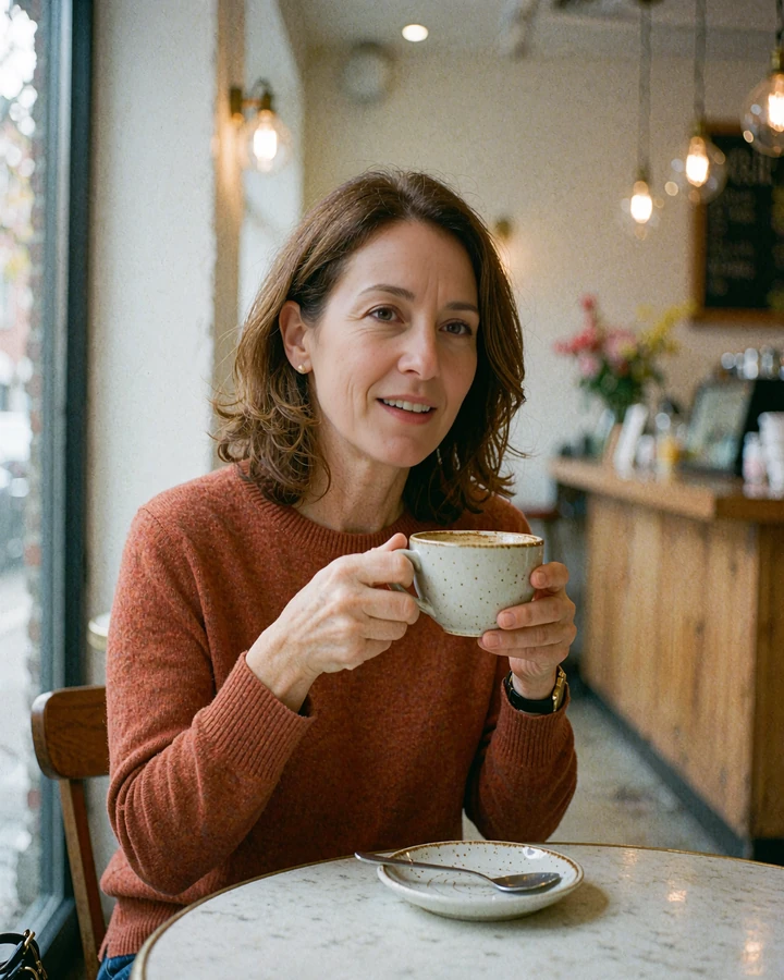 Smiling woman in a rust knit sweater holding a coffee cup at a cafe, illustrative Silkslove dating profile example