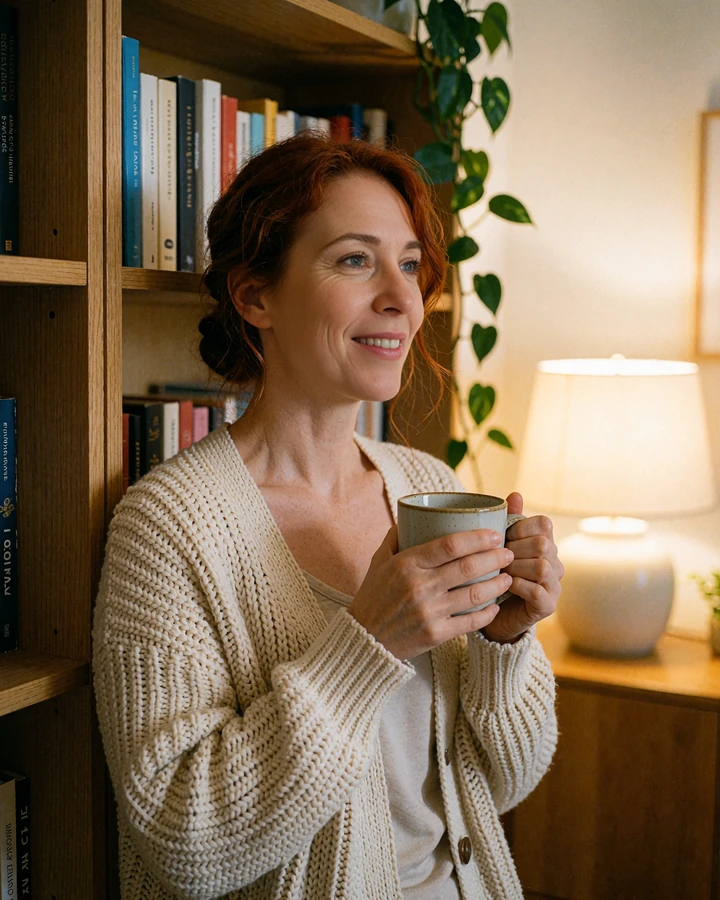 Auburn-haired woman in a cream cardigan holding a mug beside her bookshelf, illustrative profile for mature dating