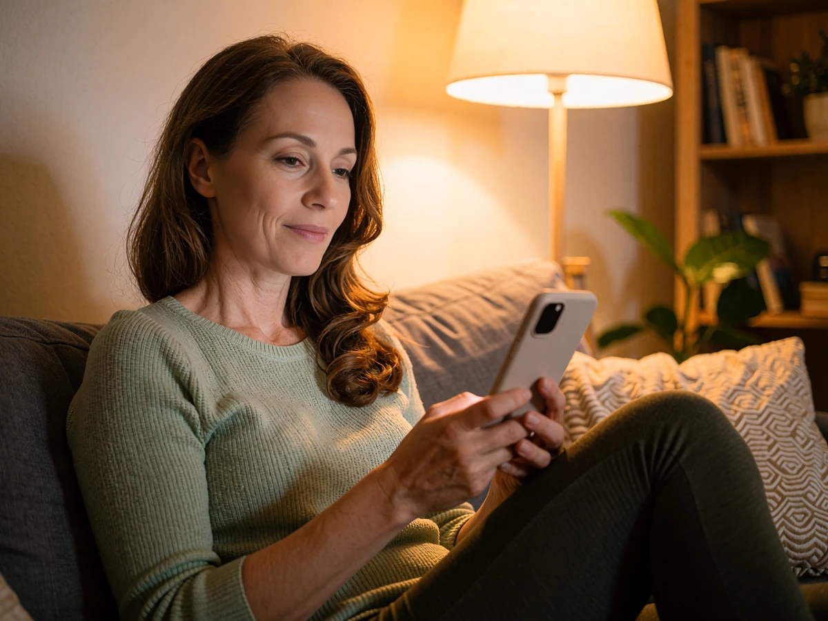 Woman in a sage-green knit top relaxing on a gray sofa and checking her phone, reassured by a legit dating site's safety tools