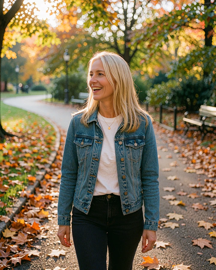 Blonde woman in a denim jacket laughing on an autumn park path, illustrative example of a serious dating profile